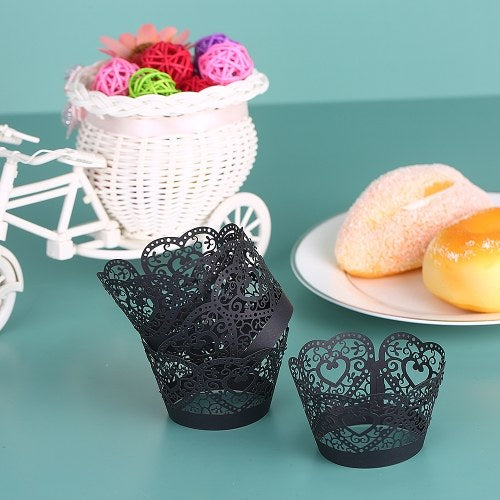 50pcs/set Paper Cupcake Wrappers Laser Cut Lace Cake Cup Liners Trays Baking Decorations Supplies--White