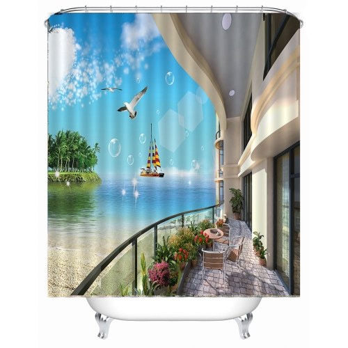 Simulation 3D Seaview Natural Scenery Waterproof Shower Curtain Drapes of Bathroom Toilet with Hooks