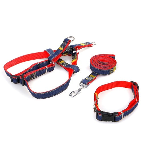 3pcs/Set Denim Heavy Duty Pet Dog Collar Leash