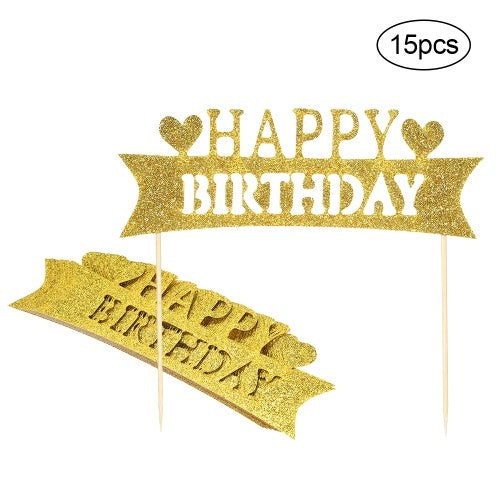 15pcs Glitter Paper Happy Birthday Cake Topper