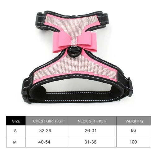 Dog Harness No-Pull Adjustable Rhinestone Diamond Bowknot Chest Straps Bow Vest with Leash Reflective Nylon Pet Vest for Dogs