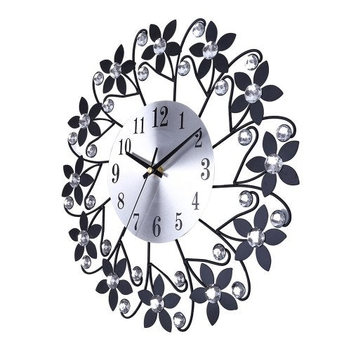 Retro Luxury Flower Shape Diamond Round Quartz Clock Art Wall Clock Mute Home Living Room Decor