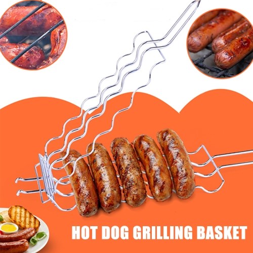 Hot Dog Grilling Basket Non-Stick Barbecue Basket Heavy Duty Outdoor BBQ Rack Tools Grill Basket for Meats Fish Vegetables Steak