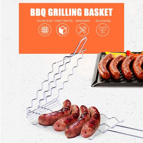 Hot Dog Grilling Basket Non-Stick Barbecue Basket Heavy Duty Outdoor BBQ Rack Tools Grill Basket for Meats Fish Vegetables Steak