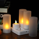 Rechargeable LED Yellow Flickering Flameless Tealight Candles Lights with Remote Control Frosted Cups Charging Base