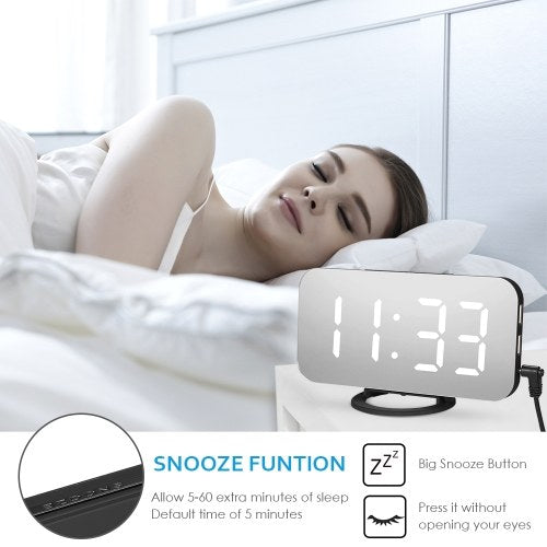 LED Digital Alarm Clock with Large White Font Display Mirror Surface Snooze Function Dual USB Charging Ports for Bedroom Children's Rooms Office Travel