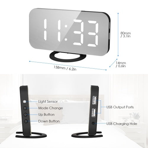 LED Digital Alarm Clock with Large White Font Display Mirror Surface Snooze Function Dual USB Charging Ports for Bedroom Children's Rooms Office Travel