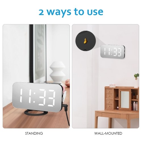 LED Digital Alarm Clock with Large White Font Display Mirror Surface Snooze Function Dual USB Charging Ports for Bedroom Children's Rooms Office Travel