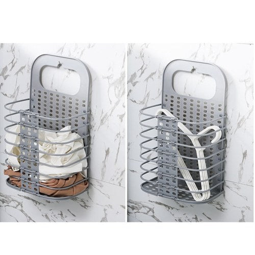 Punch-Free Hanging Plastic Collapsible Laundry Hamper Portable Foldable Folding Storage Basket Bin Container Organizer with Handle Sticky Hook for Bathroom Bedroom