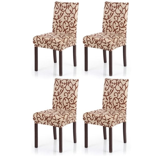 4pcs Stretch Removable Washable Short Dining Seat Cover Soft Milk Silk Spandex Printing Chair Cover Slipcover for Wedding Party Hotel Dining Room Ceremony Chair Seat Covers Champagne