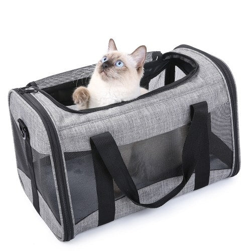 Portable Pet Cats Dogs Travel Carrier Breathable Foldable Pet Carrier Bag with Fleece Mat Large Space Easy Carry on Luggage for Weight less than 7.5kg