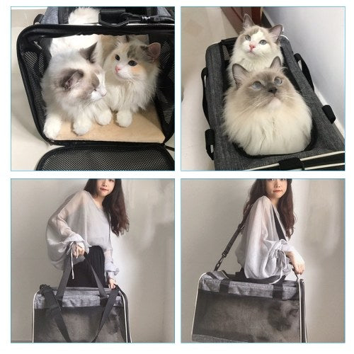 Portable Pet Cats Dogs Travel Carrier Breathable Foldable Pet Carrier Bag with Fleece Mat Large Space Easy Carry on Luggage for Weight less than 7.5kg