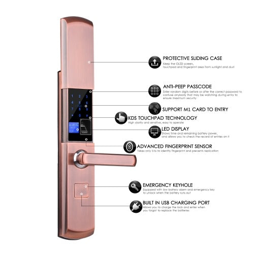 Smart Electronic Door Lock Sensor Key Free Fingerprint Entry Security Biometric Fingerprint Identification Door Lock Mechanical Key Digital Lock OLED Display Voice Guidance Sliding Case APP Control Five Entries for Home Hotel Apartment Left Hand Inswing D