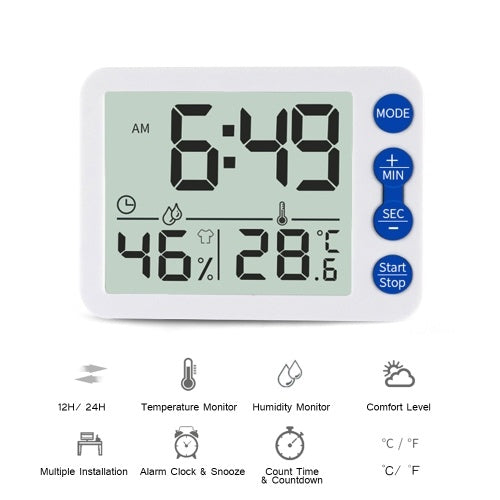 Digital Indoor Thermometer Hygrometer with Clock LCD Display ℃/ ℉