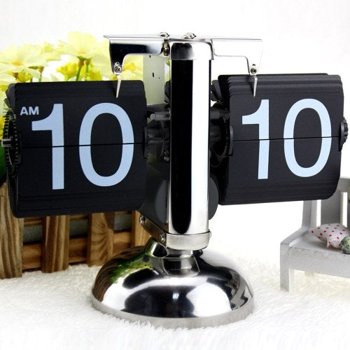 Small Scale Table Clock Retro Flip Over Clock Stainless Steel Flip Internal Gear Operated Quartz Clock