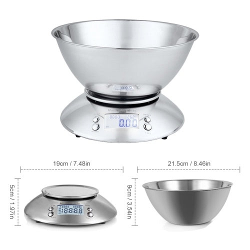 High Precision Scale Kitchen Scale 11lb/ 5kg Food Scale with Bowl Timer Temperature Display 5 Units Multifunction Scale