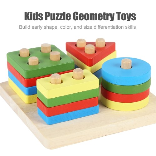 Wooden Puzzle Blocks Kids Toddler Puzzle Geometry Toys Shapes Sorter Preschool Geometric Blocks Stacking Games