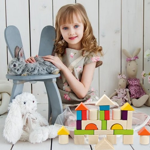 30PCS Colored Building Blocks Wooden Puzzle Blocks Kids Toddler Puzzle Toys Preschool Shapes Geometric Blocks Stacking Games