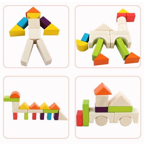 30PCS Colored Building Blocks Wooden Puzzle Blocks Kids Toddler Puzzle Toys Preschool Shapes Geometric Blocks Stacking Games