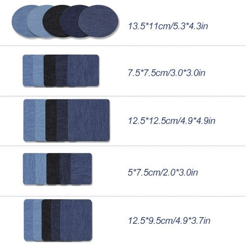 Premium Quality Denim Iron on Jean Patches No-Sew Shades of Blue Black 25 Pieces Assorted Cotton Jeans Repair Kit