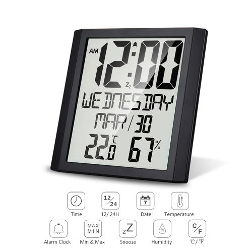 Digital Wall Clock with Temperature & Humidity 8.6'' Large Display Time/ Date/ Week Alarm Clock & Snooze ℃/ ℉ Selectable Indoor Thermo-hygrometer Accurate Weather Monitor for Home Office (Black)