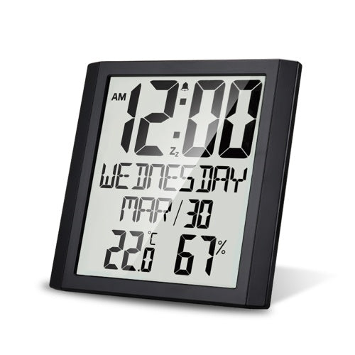 Digital Wall Clock with Temperature & Humidity 8.6'' Large Display Time/ Date/ Week Alarm Clock & Snooze ℃/ ℉ Selectable Indoor Thermo-hygrometer Accurate Weather Monitor for Home Office (Black)