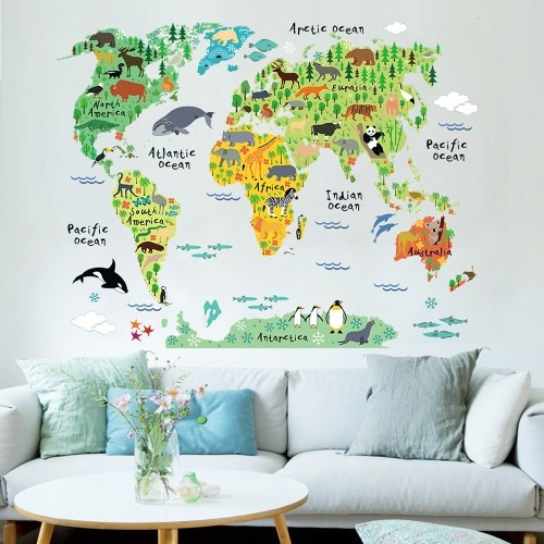 Large Kids Educational Animal Landmarks World Map Peel & Stick Wall Decals Stickers Home Decor Art for Nursery