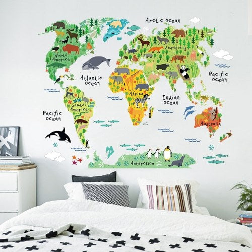 Large Kids Educational Animal Landmarks World Map Peel & Stick Wall Decals Stickers Home Decor Art for Nursery