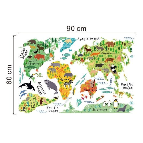 Large Kids Educational Animal Landmarks World Map Peel & Stick Wall Decals Stickers Home Decor Art for Nursery