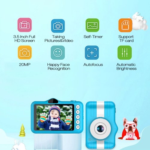 X600 3.5inch Kids Digital Camera Full HD 1080P Mini Children Camera，Cartoon Kids Toy Camera，Built-in 400mAh Battery Support 32GB Memory Card，Front & Rear Dual Cameras，Child Video Camcorder（Blue）