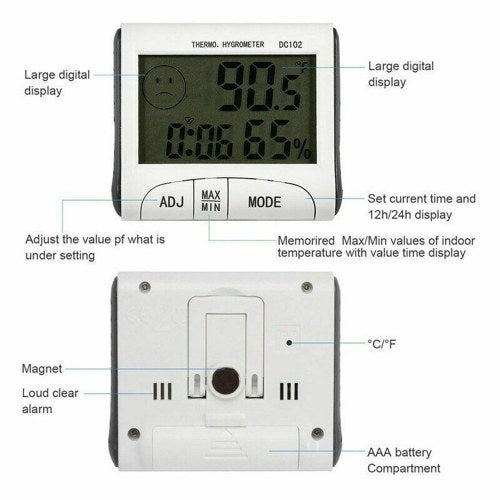 Minitype Digital Indoor Thermometer Hygrometer Clock DC102 LCD Screen