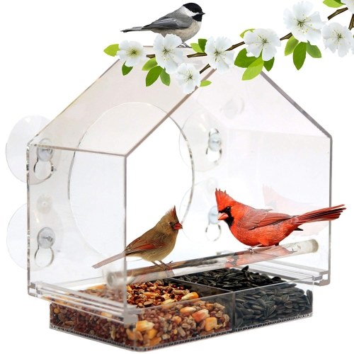 Bird Feeder House Window Bird Feed Box Parrot Food Feeder Outdoor Birdfeeders Acrylic Bird Feeding Device with 4 Suction Cups