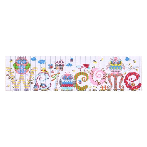 Decdeal 22.8 * 6.7 inches The Owl Welcome Card Pattern Cross Stitch Kit with Pre-printed 14CT Canvas Cloth & Cotton Thread Embroidery Cross-Stitching Needlework Home Wall Decor