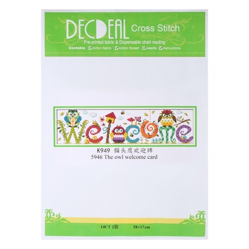 Decdeal 22.8 * 6.7 inches The Owl Welcome Card Pattern Cross Stitch Kit with Pre-printed 14CT Canvas Cloth & Cotton Thread Embroidery Cross-Stitching Needlework Home Wall Decor