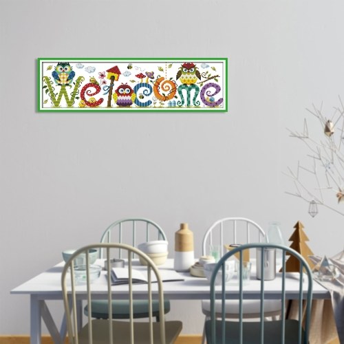 Decdeal 22.8 * 6.7 inches The Owl Welcome Card Pattern Cross Stitch Kit with Pre-printed 14CT Canvas Cloth & Cotton Thread Embroidery Cross-Stitching Needlework Home Wall Decor