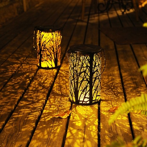 LED Solar Lights Hollow Garden Lights Hanging Lantern Leaf Tree Shape Projection LED Lamp