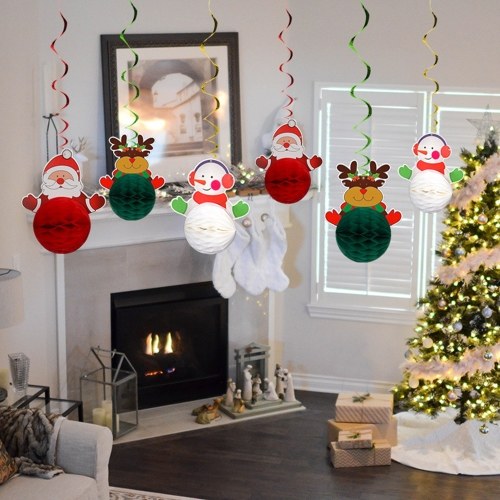 6PCS Christmas Hanging Swirls Decoration Snowman Elk Santa Claus Shaped Christmas Party Supplies