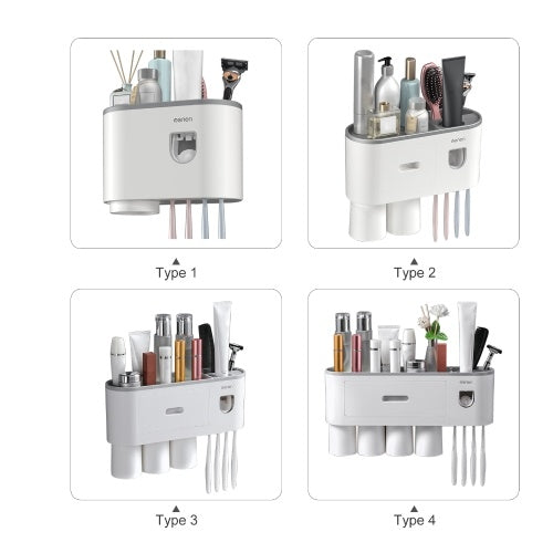 Toothbrush Rack with Toothpaste Dispenser Squeezer Magnetic Toothbrush Cup Drawer Wall Mounted