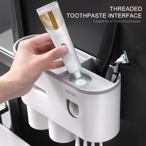 Toothbrush Rack with Toothpaste Dispenser Squeezer Magnetic Toothbrush Cup Drawer Wall Mounted