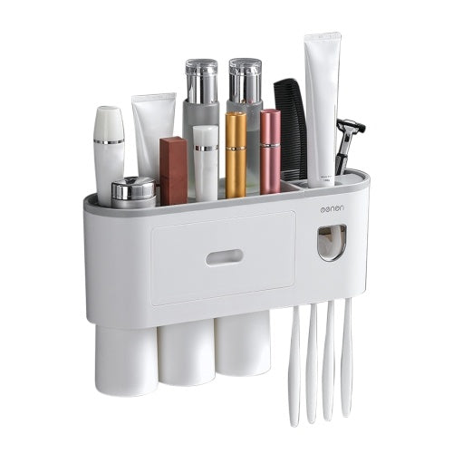 Toothbrush Rack with Toothpaste Dispenser Squeezer Magnetic Toothbrush Cup Drawer Wall Mounted