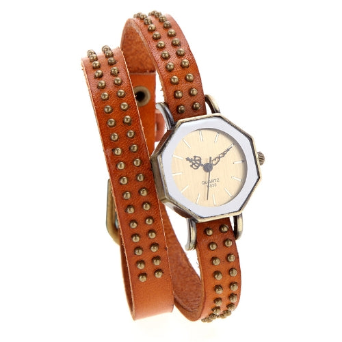 Women Lady Quartz Wrist Watch Vintage Rivets Octagon Bronze Wrap Strap Bracelet