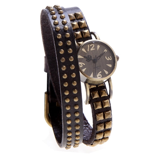 Women Lady Quartz Wrist Watch Rivet Round Wrap Strap Bracelet Genuine Cow Leather