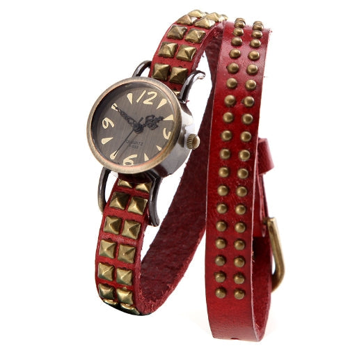 Women Lady Quartz Wrist Watch Rivet Round Wrap Strap Bracelet Genuine Cow Leather