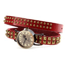 Women Lady Quartz Wrist Watch Rivet Round Wrap Strap Bracelet Genuine Cow Leather