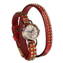 Women Lady Quartz Wrist Watch Rivet Round Wrap Strap Bracelet Genuine Cow Leather