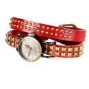 Women Lady Quartz Wrist Watch Rivet Round Wrap Strap Bracelet Genuine Cow Leather