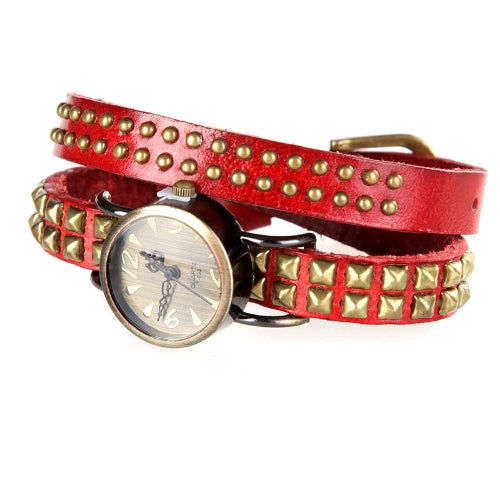 Women Lady Quartz Wrist Watch Rivet Round Wrap Strap Bracelet Genuine Cow Leather