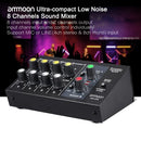 ammoon AM-228 Ultra-compact Low Noise 8 Channels Metal Mono Stereo Audio Sound Mixer with Power Adapter Cable