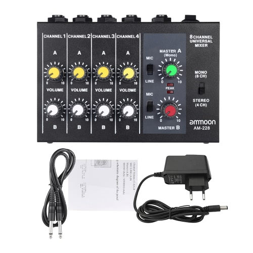 ammoon AM-228 Ultra-compact Low Noise 8 Channels Metal Mono Stereo Audio Sound Mixer with Power Adapter Cable