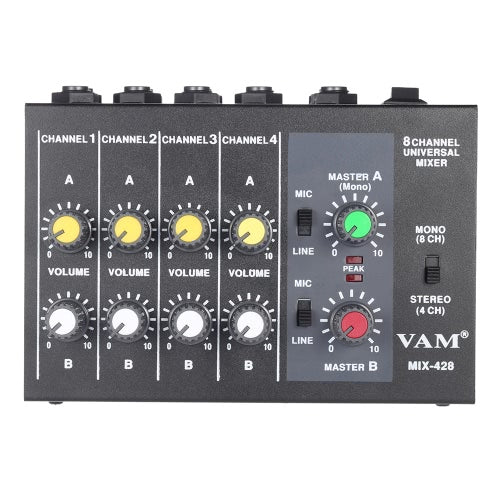 ammoon AM-228 Ultra-compact Low Noise 8 Channels Metal Mono Stereo Audio Sound Mixer with Power Adapter Cable